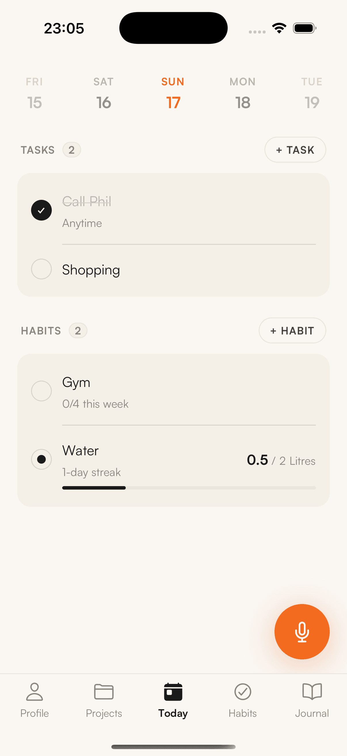 Kaizen Today screen showing tasks and habits